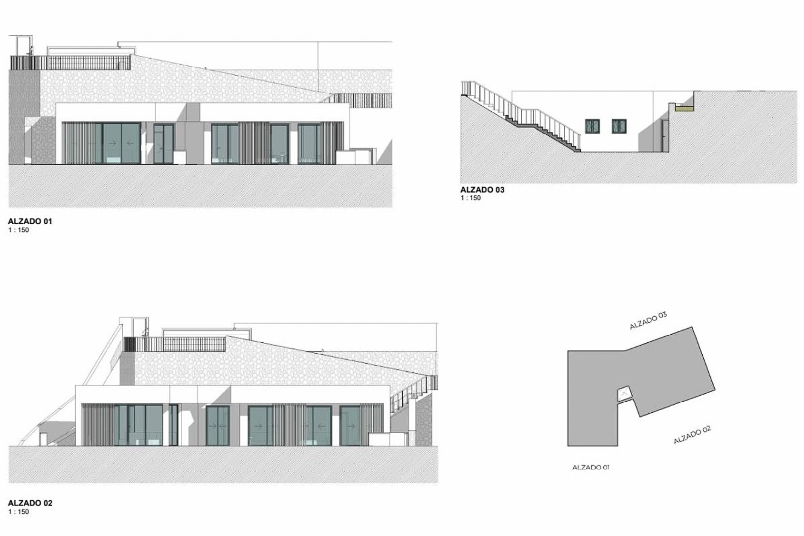 Plans techniques des élévations illustrant l'architecture moderne de la villa, avec de grandes baies vitrées, des murs en pierre et une intégration au terrain.