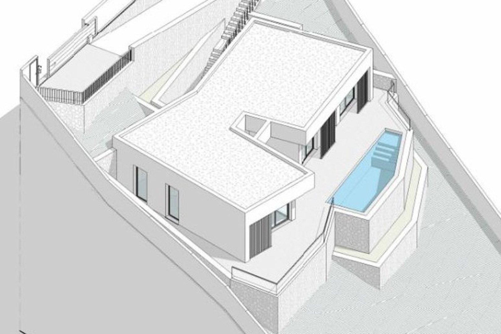 Rendu architectural isométrique montrant la structure moderne de la villa, sa terrasse spacieuse et sa piscine intégrée sur un terrain en restanques.