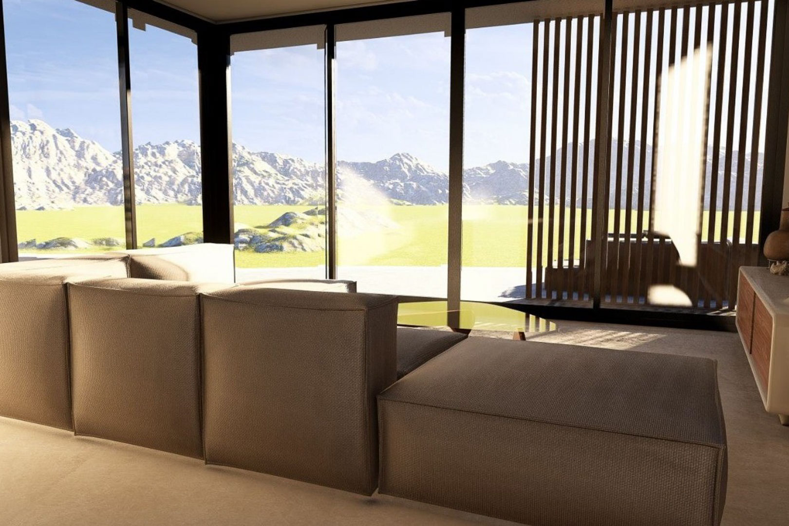 Salon moderne avec canapé modulaire et baies vitrées toute hauteur offrant une vue panoramique sur les montagnes. Des lattes de bois verticales complètent le design.