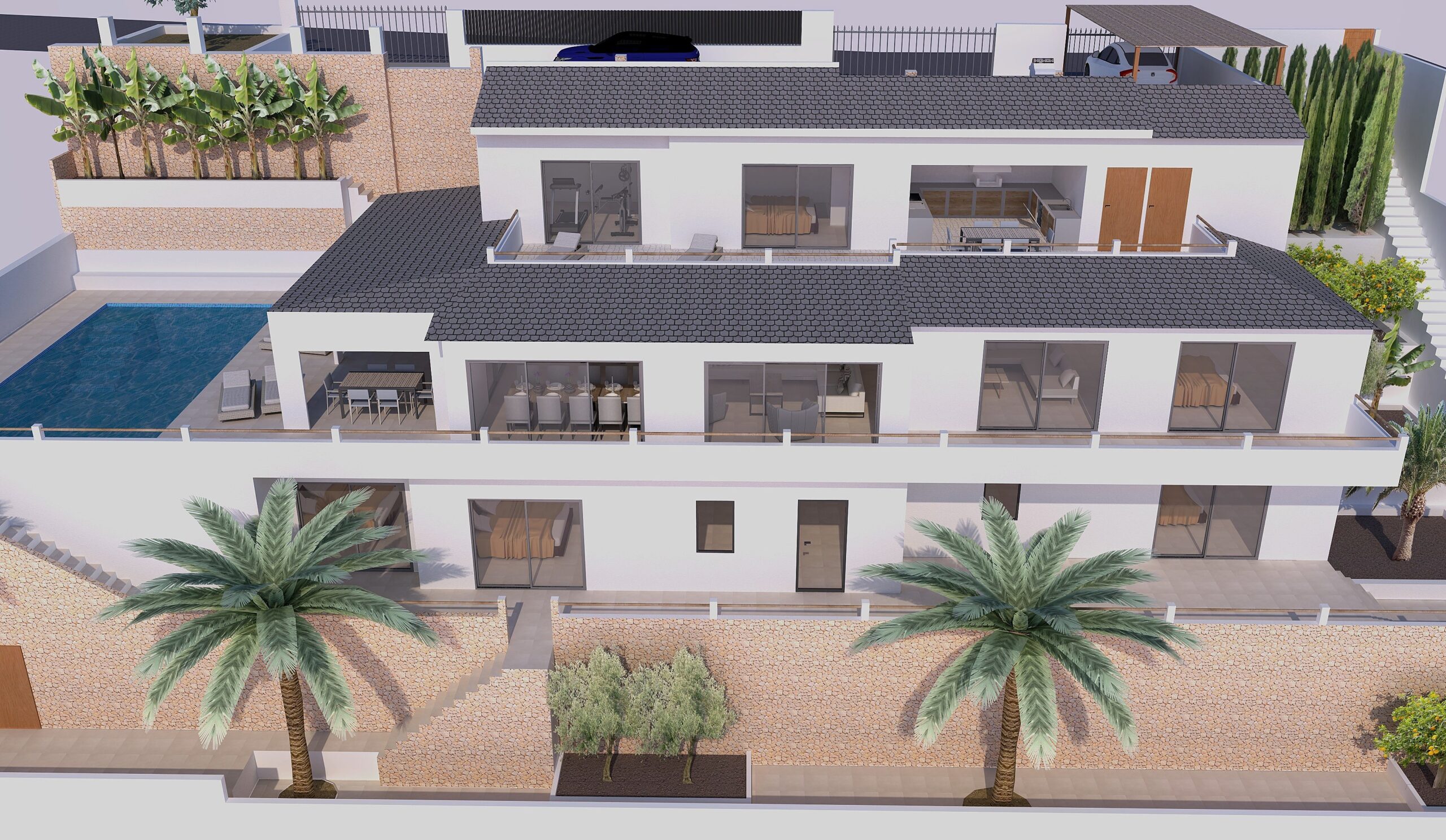 Perspective extérieure de la villa sur trois niveaux, avec de larges terrasses, des garde-corps en verre, une piscine latérale et des murs de soutènement en pierre.