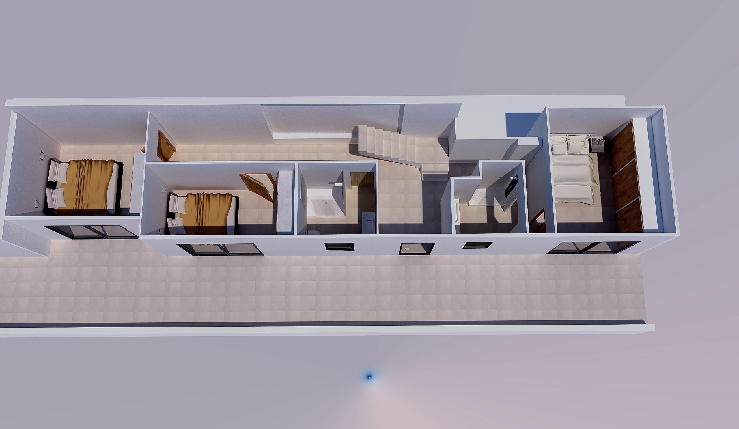 Plan 3D du niveau inférieur comprenant trois chambres avec placards intégrés, deux salles de bains et une longue terrasse longeant toute la façade.