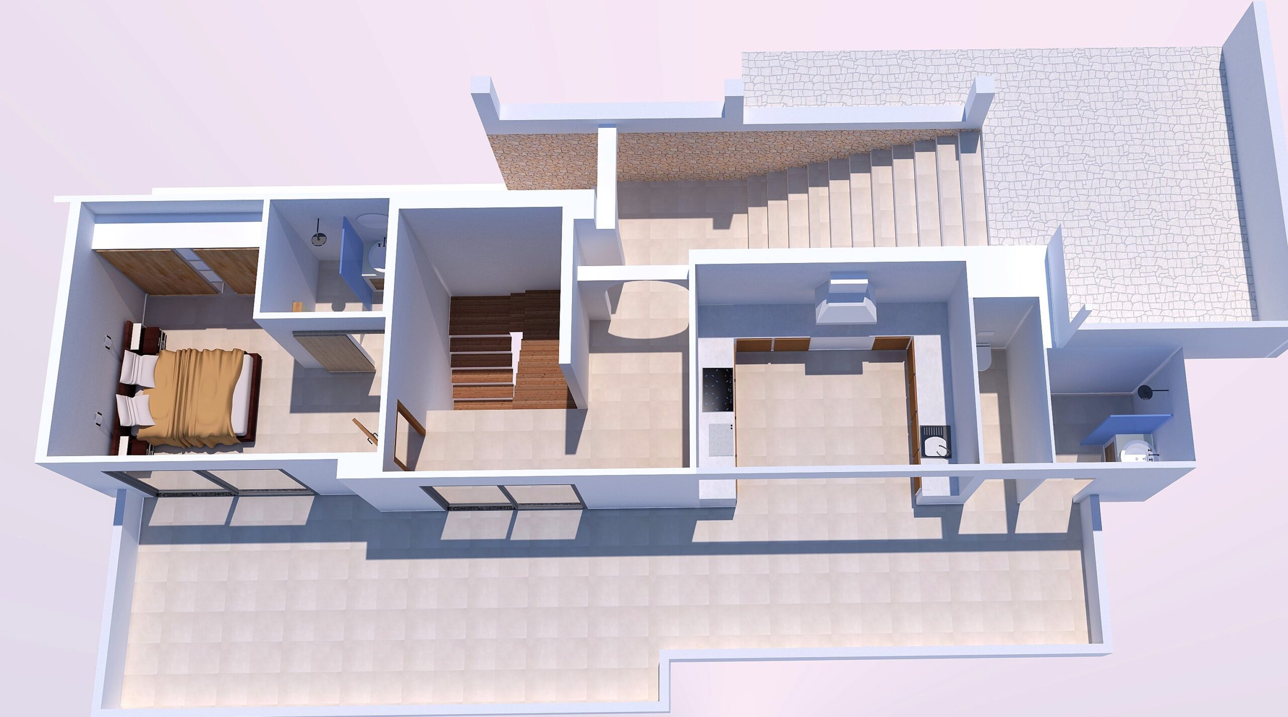 Plan 3D du niveau supérieur avec une chambre, salle de bain attenante, cuisine d'été et une vaste terrasse carrelée bénéficiant d'une orientation sud.