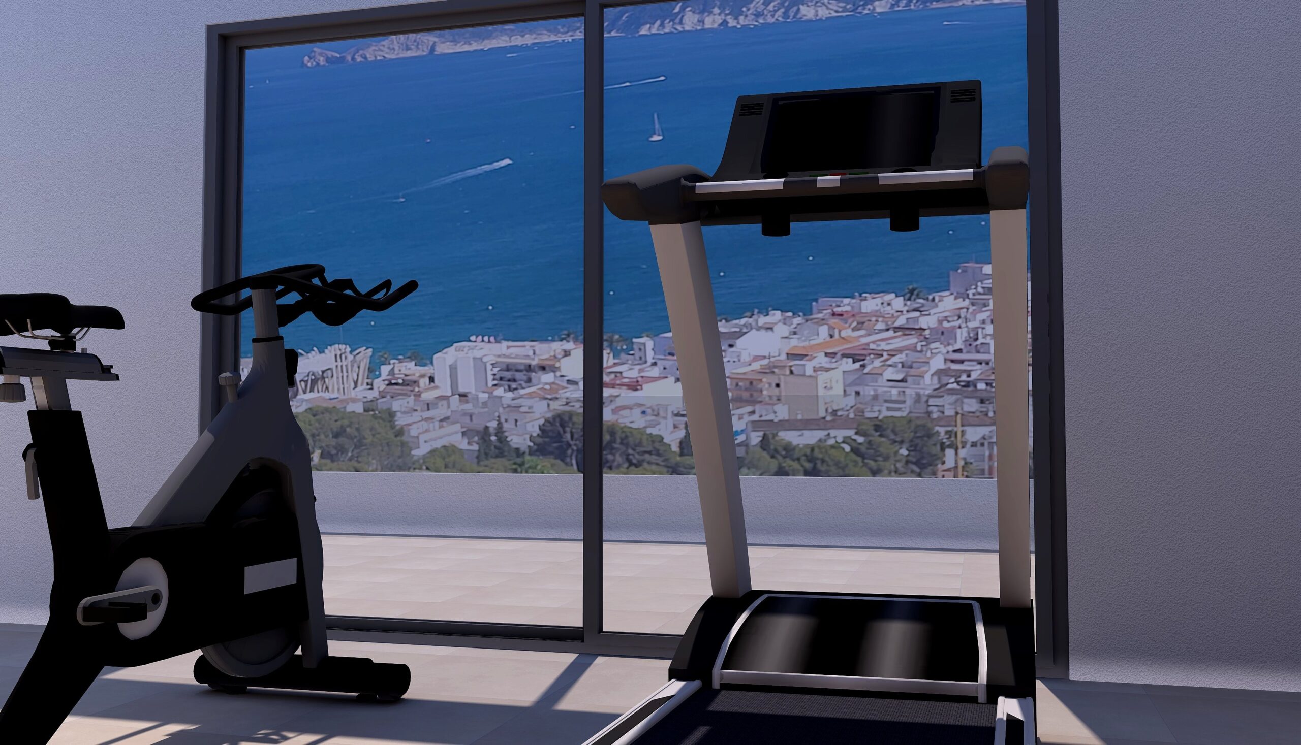 Salle de sport privée équipée d'un tapis de course et d'un vélo, offrant une vue panoramique sur le port de Jávea et la mer à travers de larges baies vitrées.