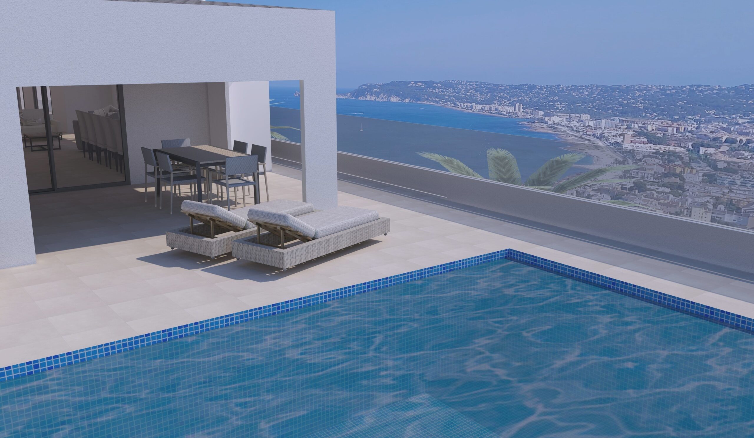 Terrasse principale avec piscine, salle à manger extérieure couverte et vue panoramique sur la baie de Jávea et le littoral.