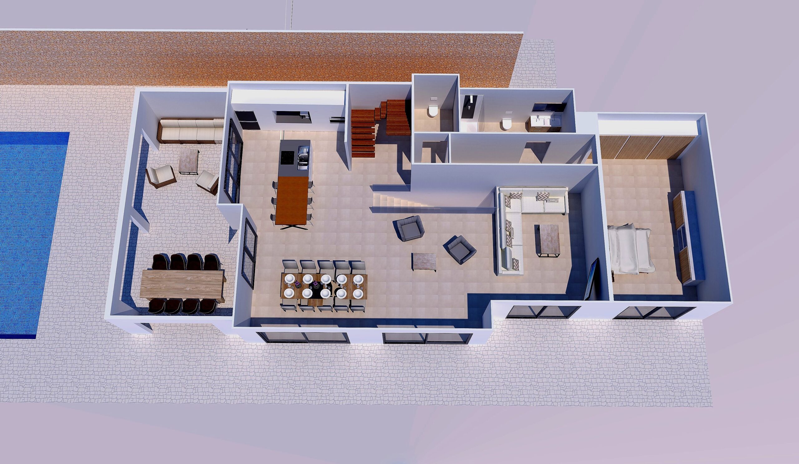 Vue aérienne 3D du rez-de-chaussée comprenant un salon-salle à manger ouvert, une cuisine avec îlot, une suite parentale et un accès à la terrasse.