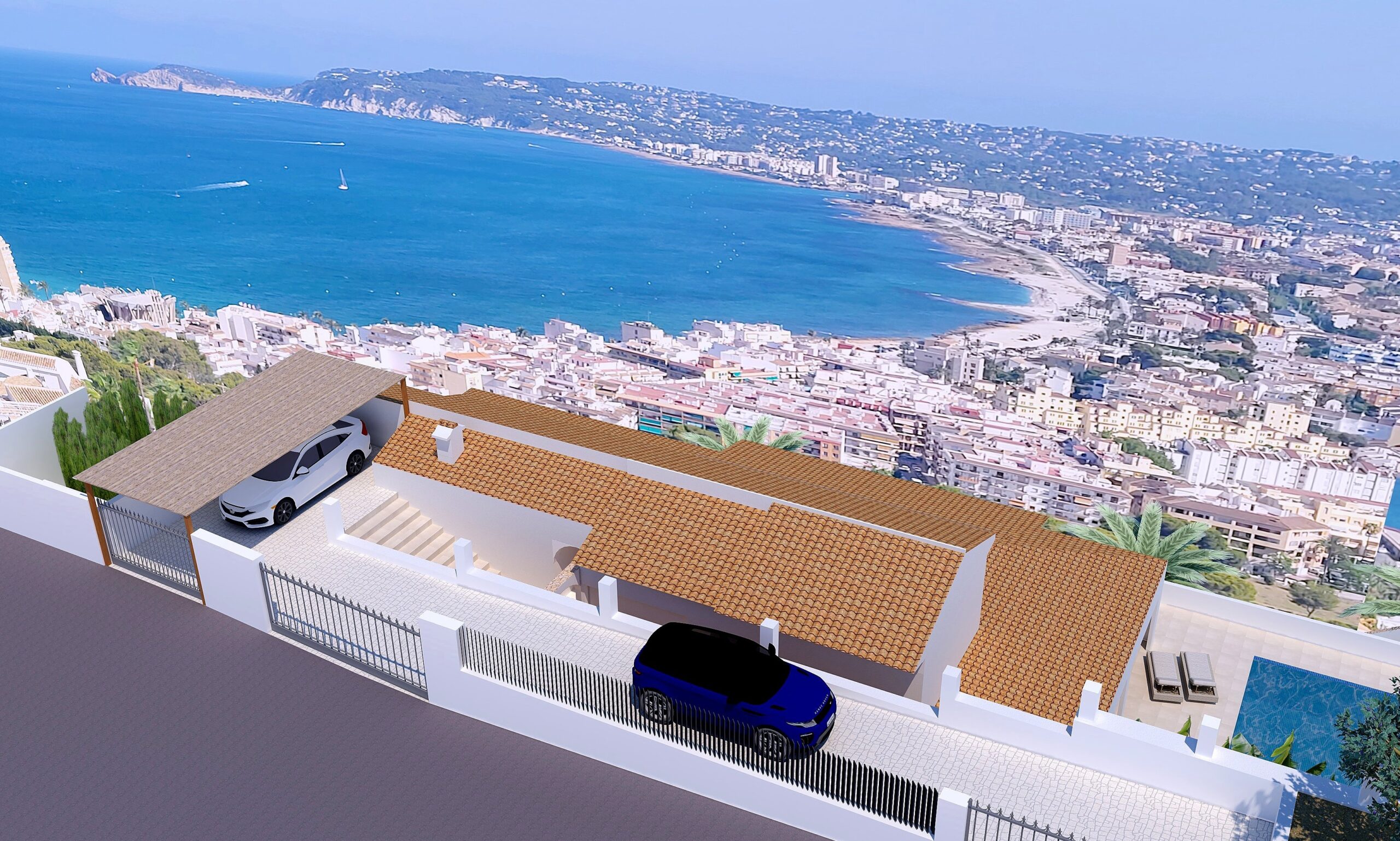 Vue aérienne de l'accès depuis la rue avec abri de voiture, portail sécurisé et vues panoramiques sur la baie et le port de Jávea.