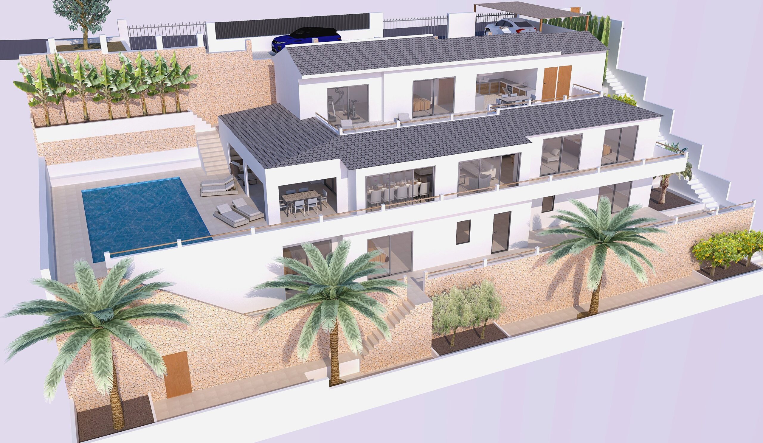 Vue aérienne du projet sur trois niveaux avec façade blanche, murs en pierre naturelle, piscine privée et vastes terrasses orientées plein sud à La Corona.