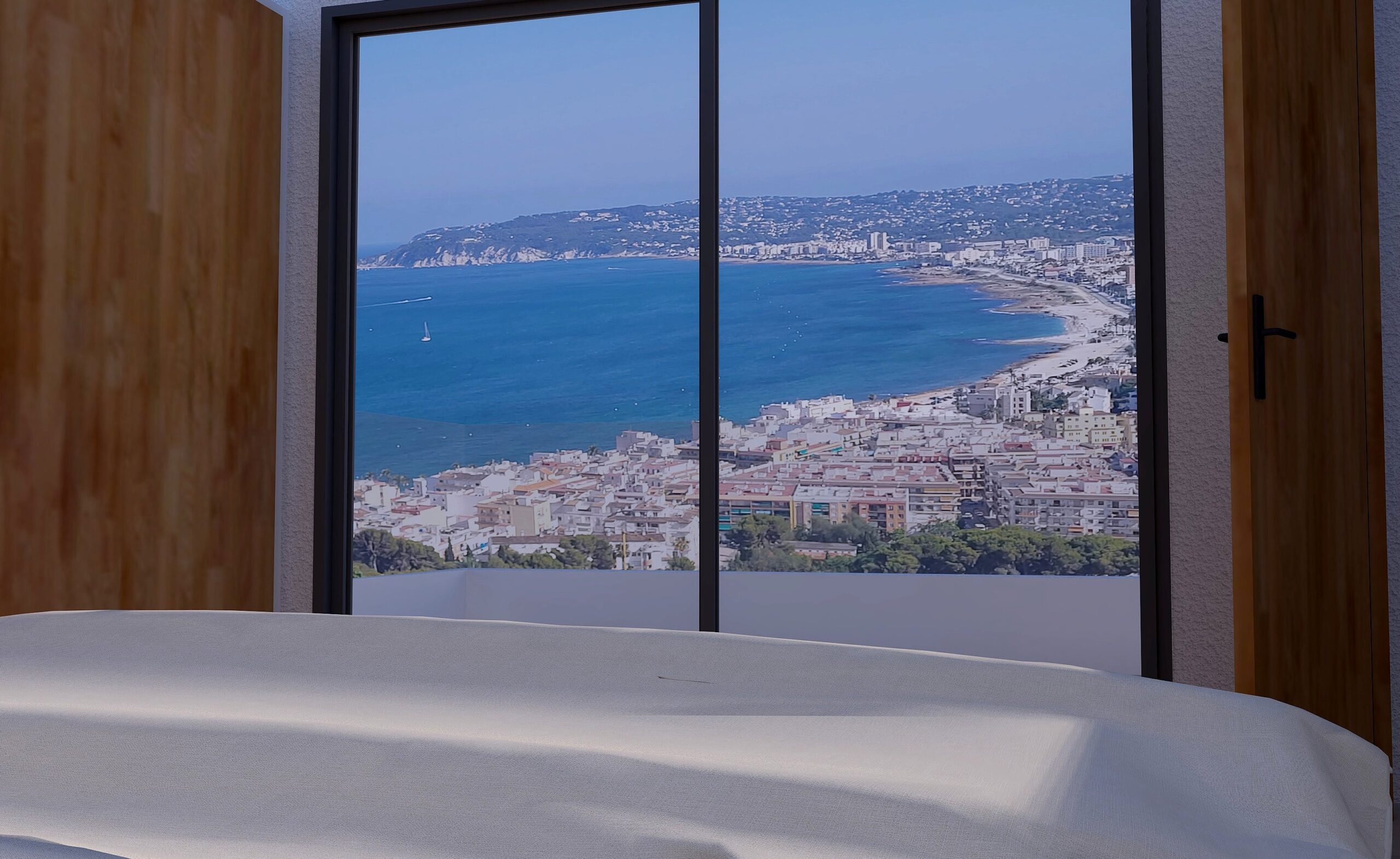Vue panoramique sur la baie de Jávea depuis la chambre, avec de grandes baies vitrées et des finitions en bois naturel.