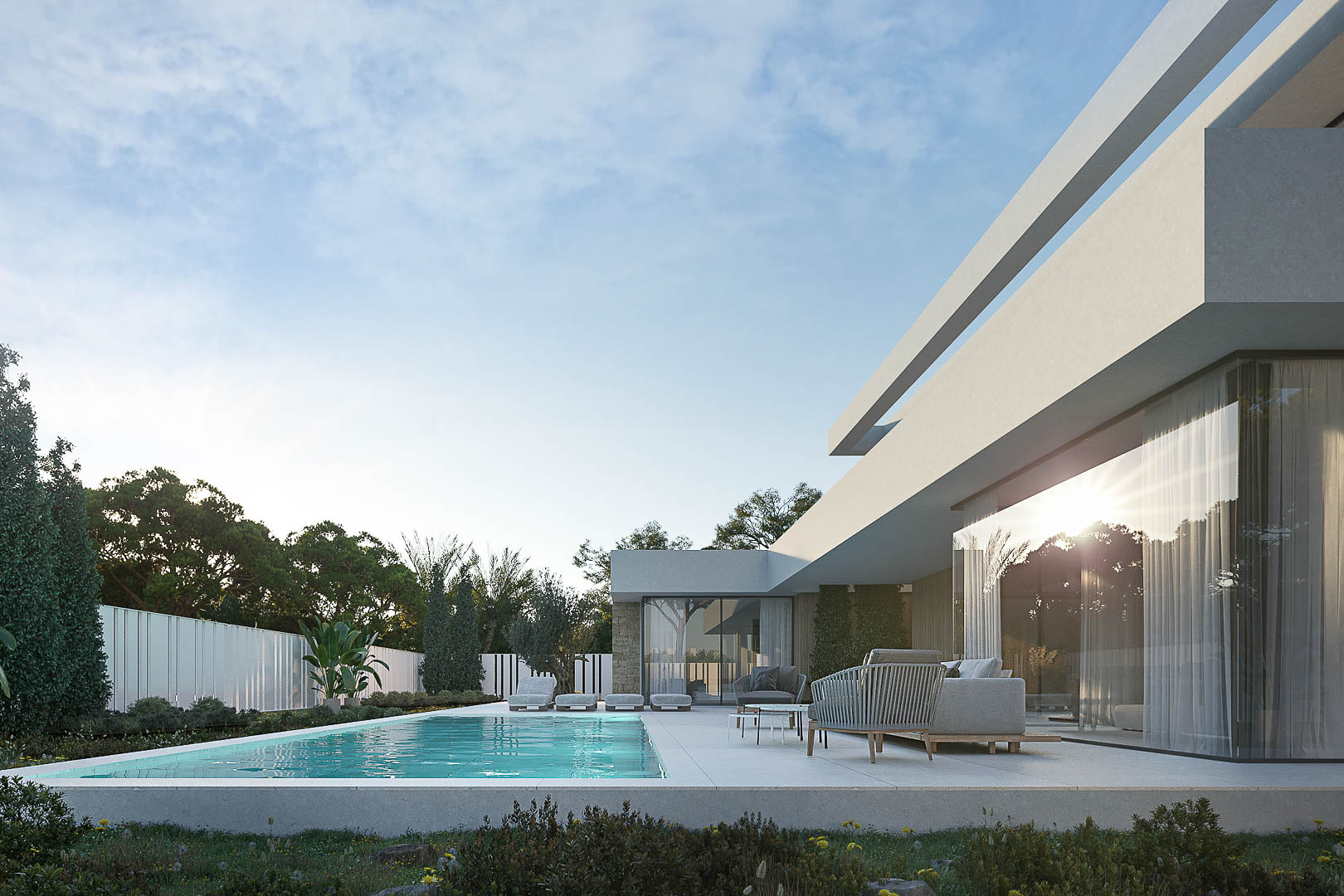 Extérieur moderne avec piscine rectangulaire, terrasse en grès cérame et mobilier de salon design sous une architecture blanche minimaliste.