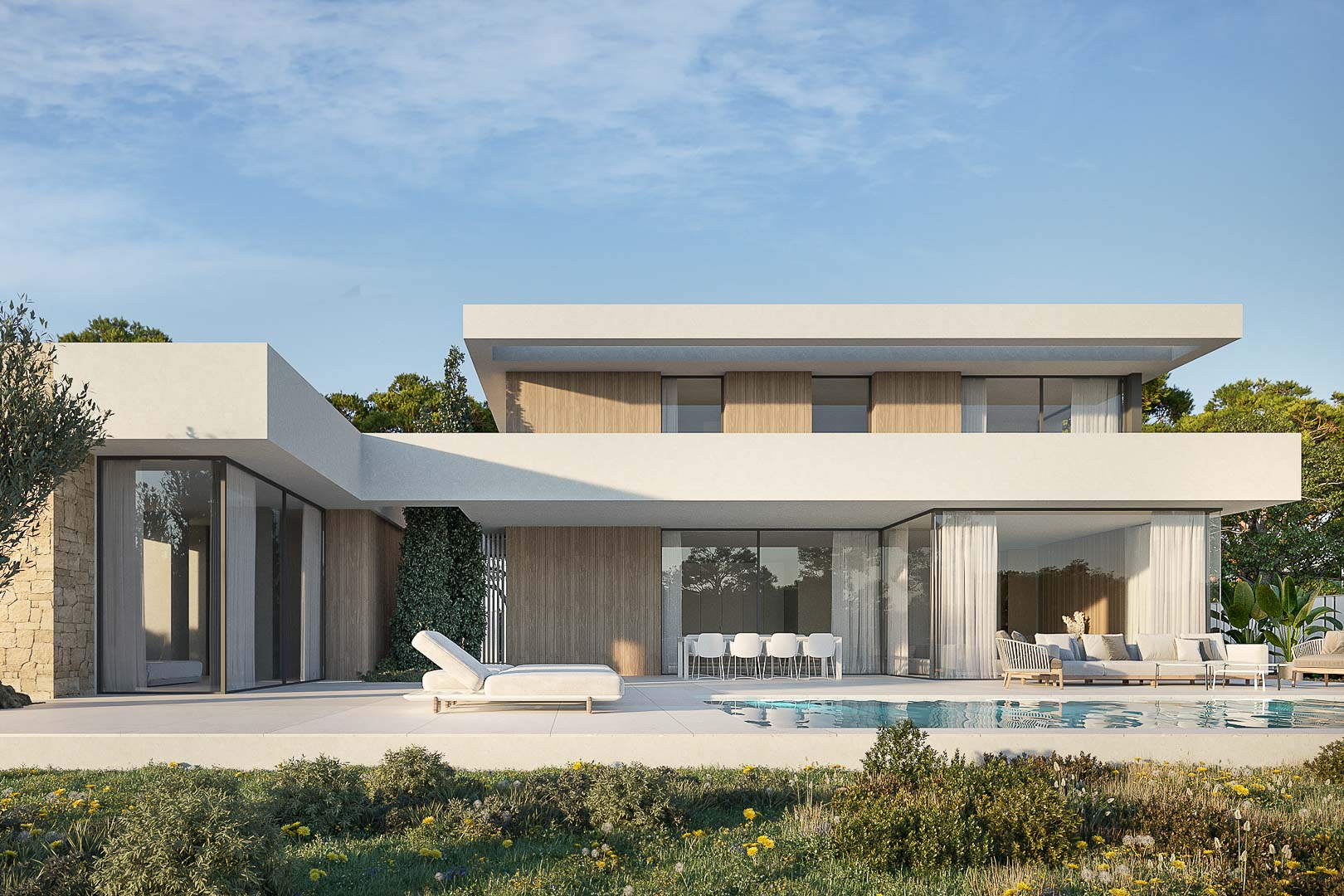 Façade extérieure moderne avec panneaux en bois et grandes baies vitrées reliant l'espace piscine et le salon extérieur à l'environnement naturel.