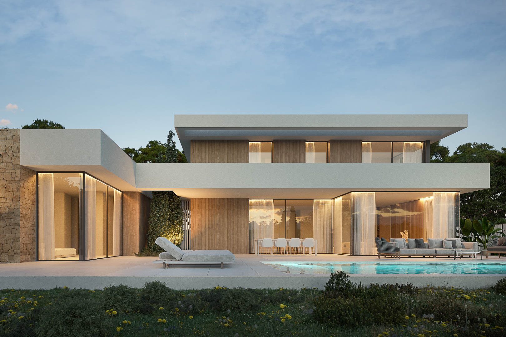 Façade extérieure moderne avec piscine intégrée, grandes baies vitrées et finitions en bois et pierre naturelle sous un éclairage chaleureux au crépuscule.