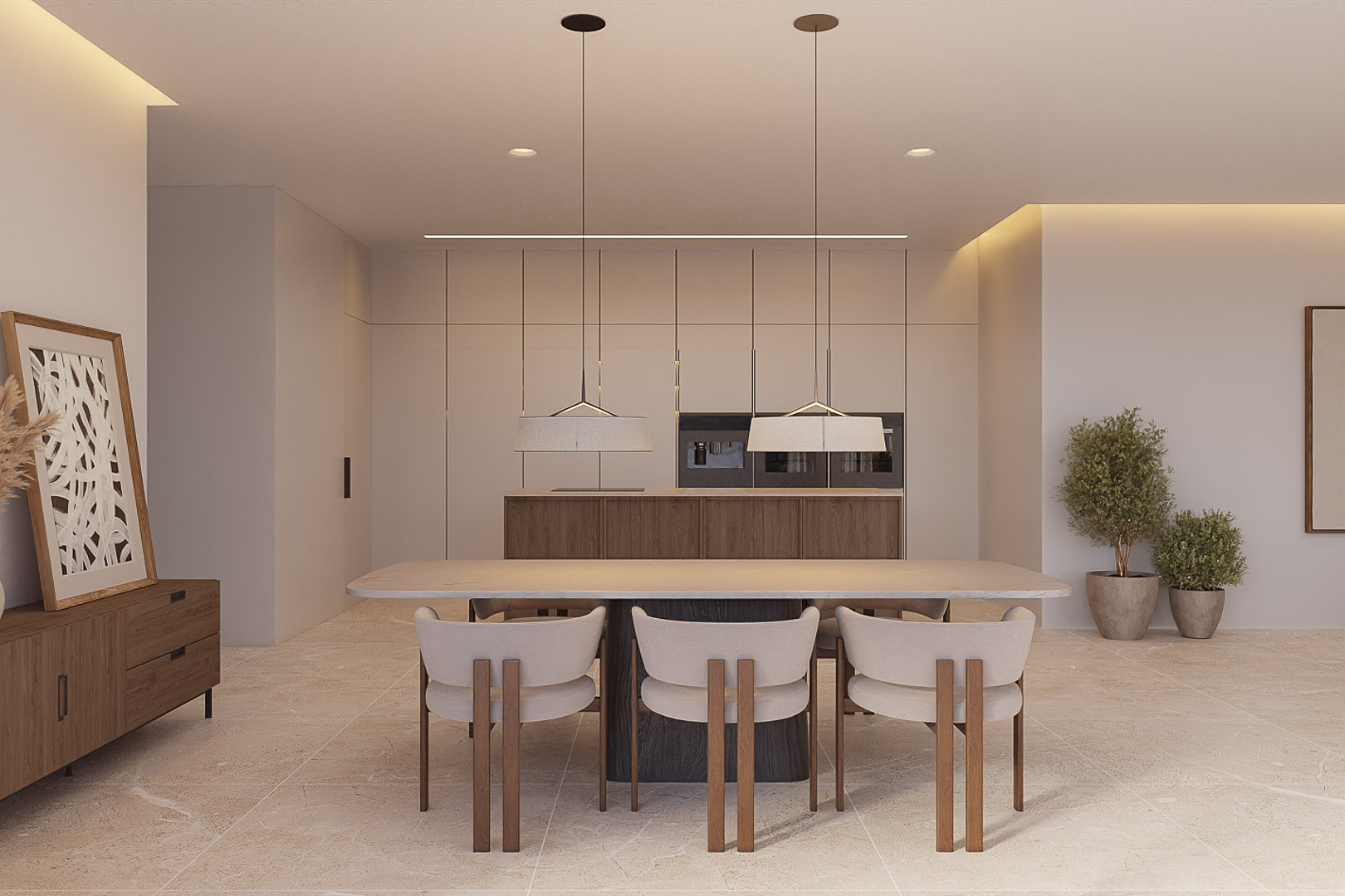 Salle à manger à aire ouverte avec table en pierre, chaises design et cuisine minimaliste intégrée, complétée par un sol en pierre naturelle et un éclairage indirect.