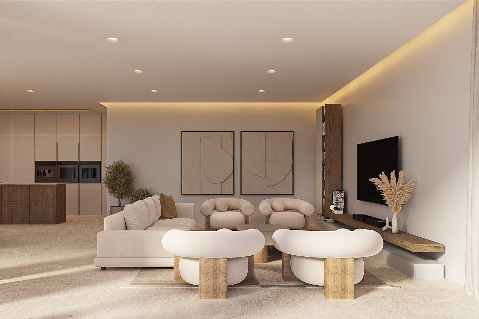 Salon à aire ouverte avec des fauteuils design incurvés, un sol en pierre naturelle et un éclairage LED périmétrique intégré à une cuisine minimaliste.
