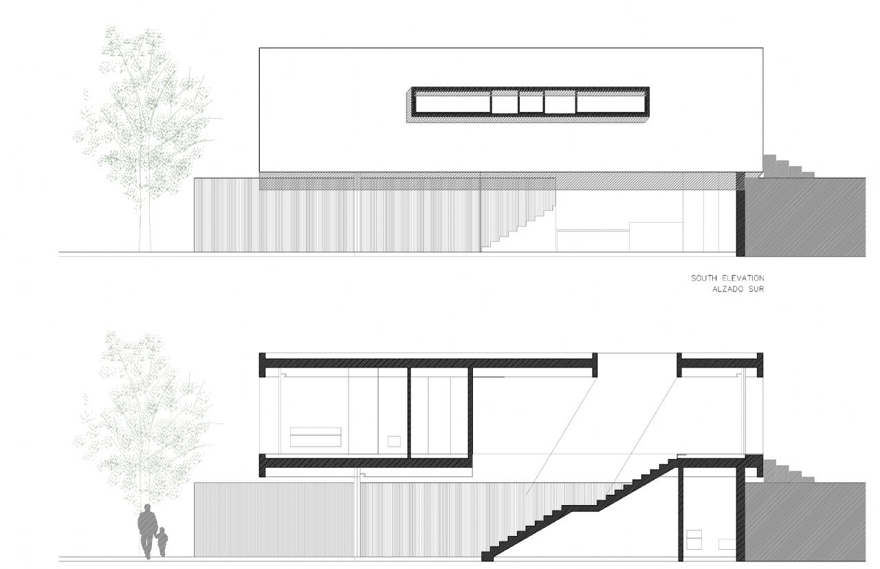 Dessin technique montrant l'élévation sud et une coupe transversale de la villa, illustrant la façade minimaliste et l'organisation des espaces intérieurs.