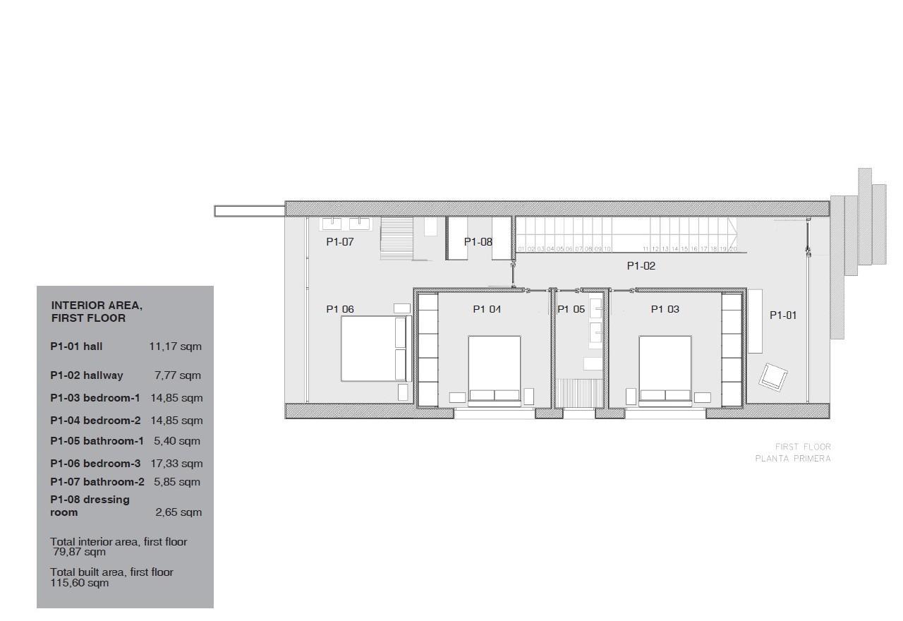 Plan technique du premier étage détaillant la disposition de trois chambres, deux salles de bains et un dressing, pour une surface bâtie de 115,60 m².