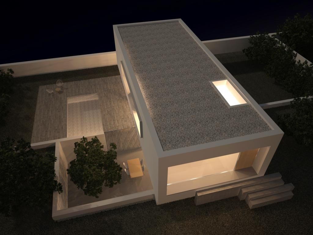 Vue aérienne nocturne illustrant l'architecture minimaliste, la piscine privée et le patio intérieur avec coin repas et végétation intégrée.