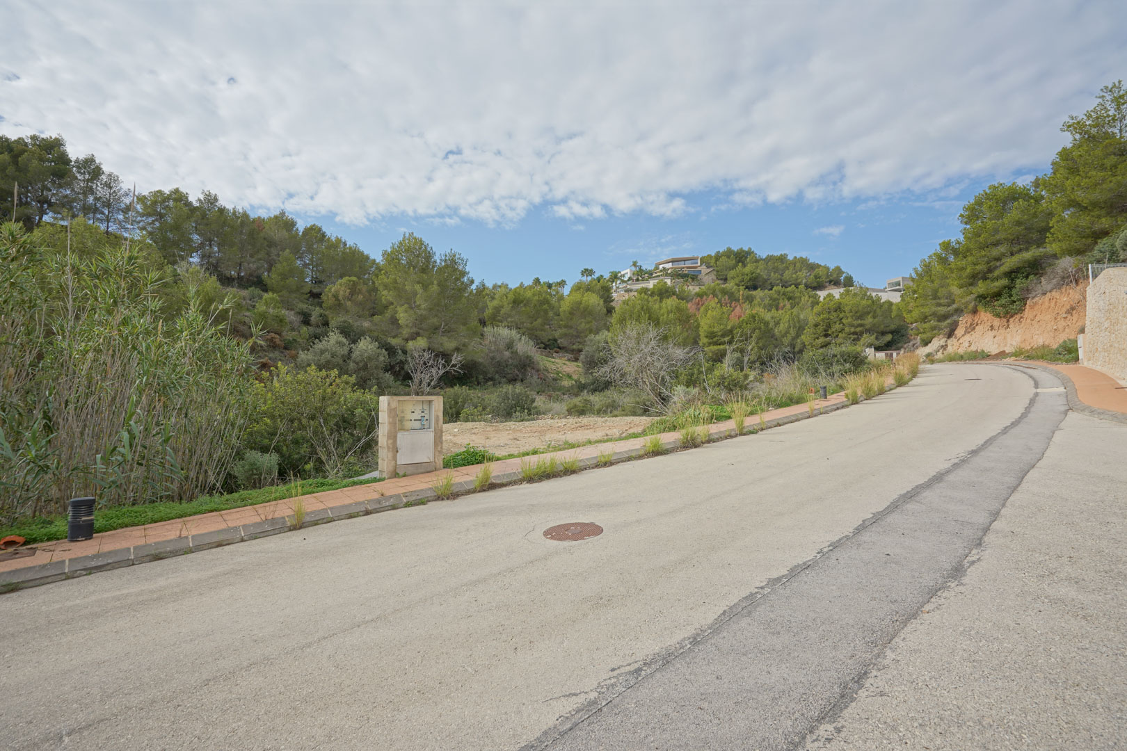 Vue de la route d'accès goudronnée et du terrain entouré de pins méditerranéens dans un quartier résidentiel calme près de La Fustera.