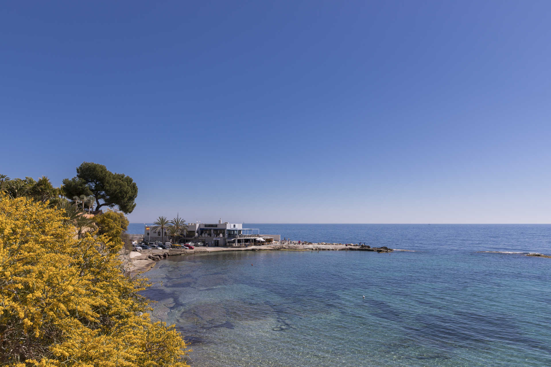 Vue panoramique sur la crique de La Fustera avec ses eaux cristallines, sa végétation côtière et un restaurant de bord de mer sous un ciel azur.