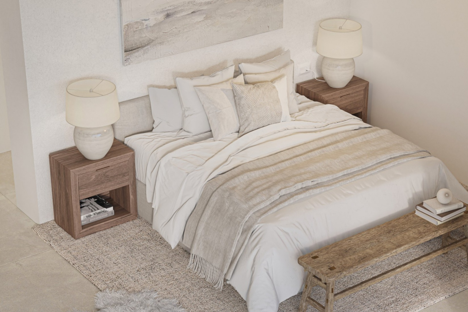 Chambre au design moderne avec lit double, tables de chevet en bois naturel et lampes en céramique. Comprend un banc en bois rustique et une palette de couleurs neutres.