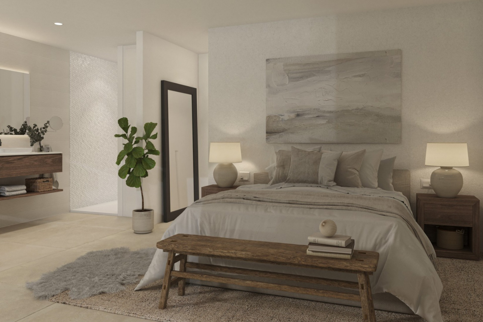 Chambre principale avec salle de bain intégrée, mobilier en bois naturel, douche à l'italienne texturée et palette de couleurs neutres apaisantes.