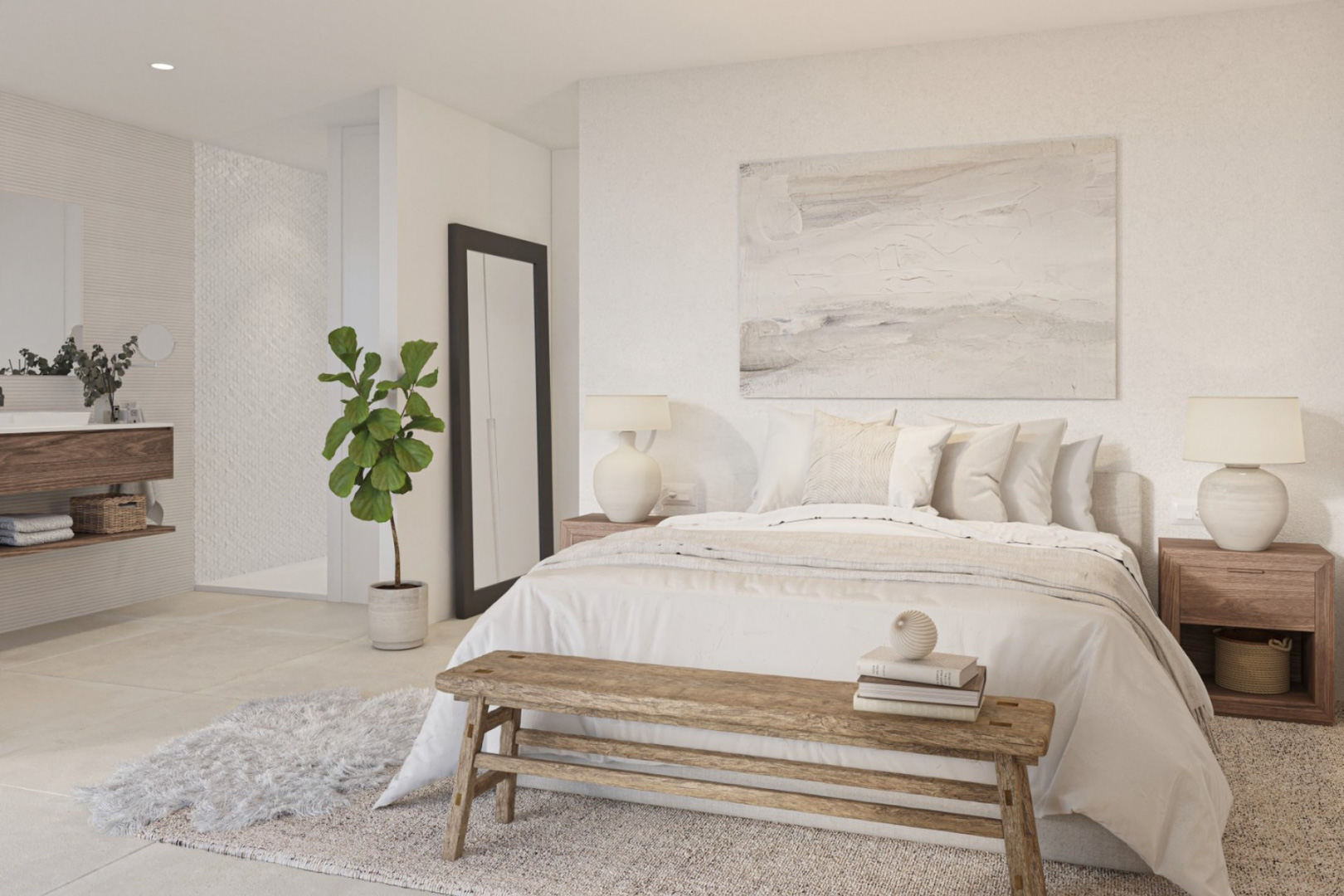 Chambre principale avec salle de bains intégrée, mobilier en bois naturel, textiles neutres et meuble vasque suspendu sur mur texturé.