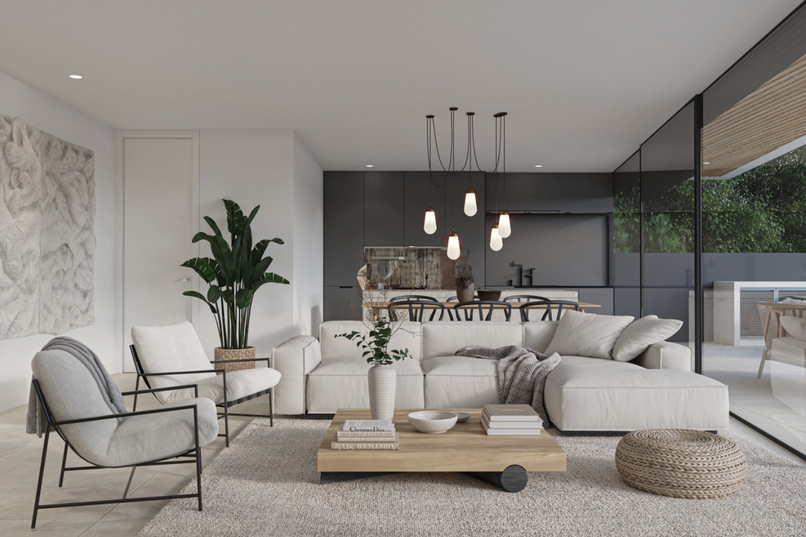 Espace de vie ouvert avec mobilier aux tons neutres, cuisine moderne aux façades sombres et grandes baies vitrées donnant sur la terrasse couverte.