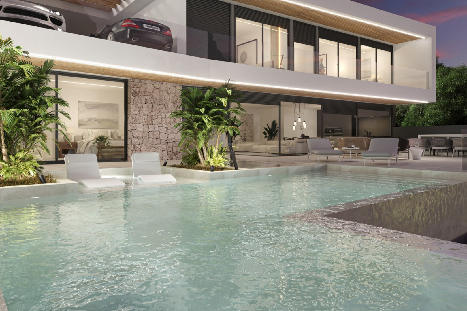 Façade moderne avec piscine à débordement, chaises longues immergées et murs en pierre naturelle. L'éclairage LED intégré souligne les terrasses et les larges baies vitrées.