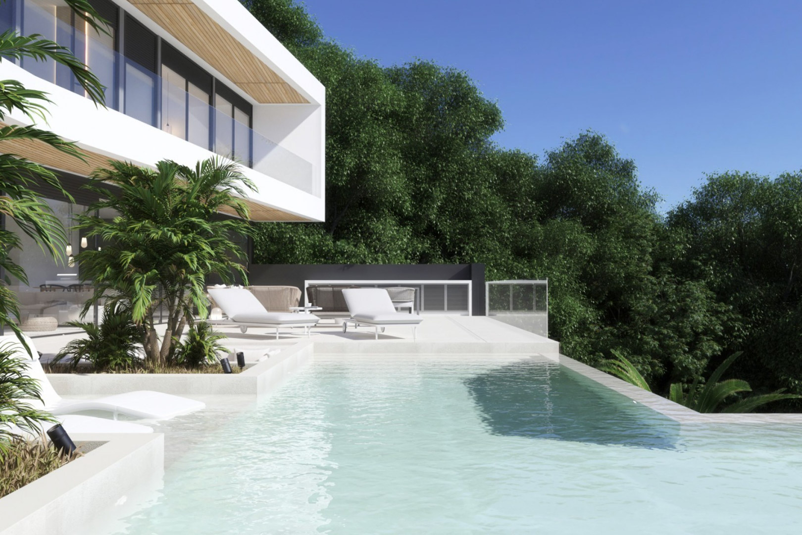 Piscine à débordement et terrasse en pierre blanche avec chaises longues, garde-corps en verre et sous-faces de toiture en bois naturel.