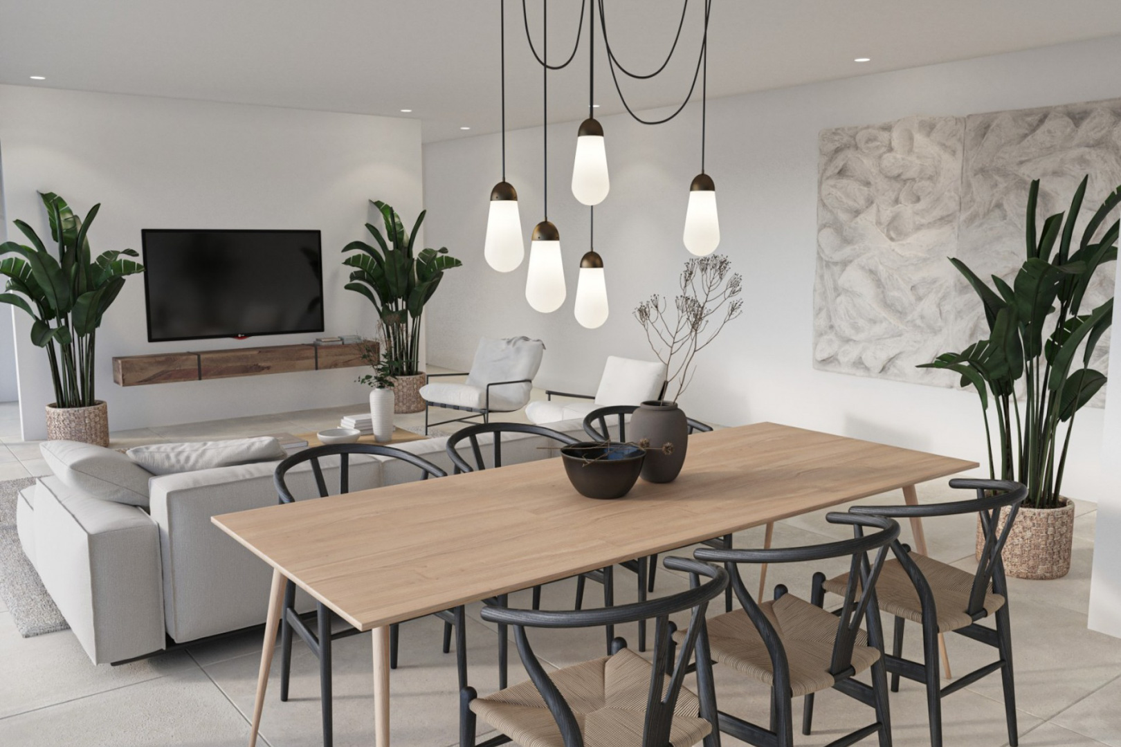 Salle à manger ouverte sur le salon, équipée d'une table en bois, de chaises noires élégantes et d'un luminaire design. Décoration épurée avec plantes et art texturé.