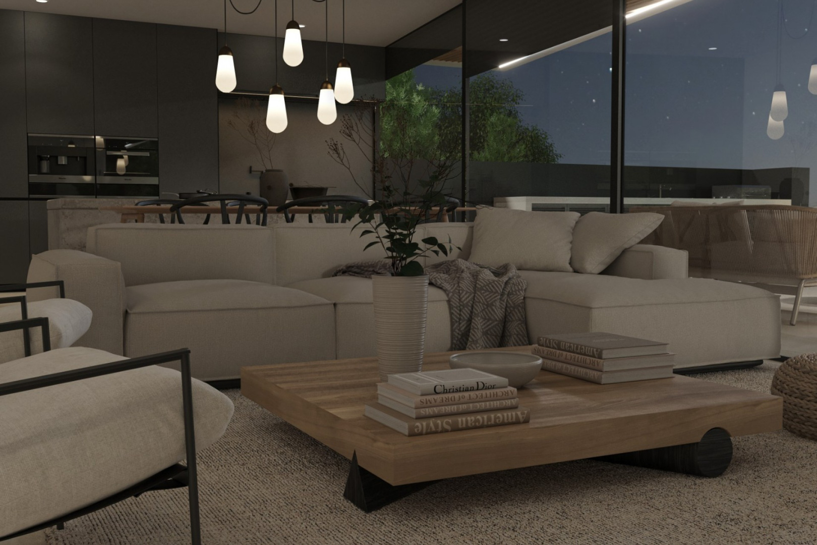 Salon à aire ouverte avec canapé modulaire beige, table basse en bois massif et grandes baies vitrées offrant une vue nocturne sur l'extérieur.