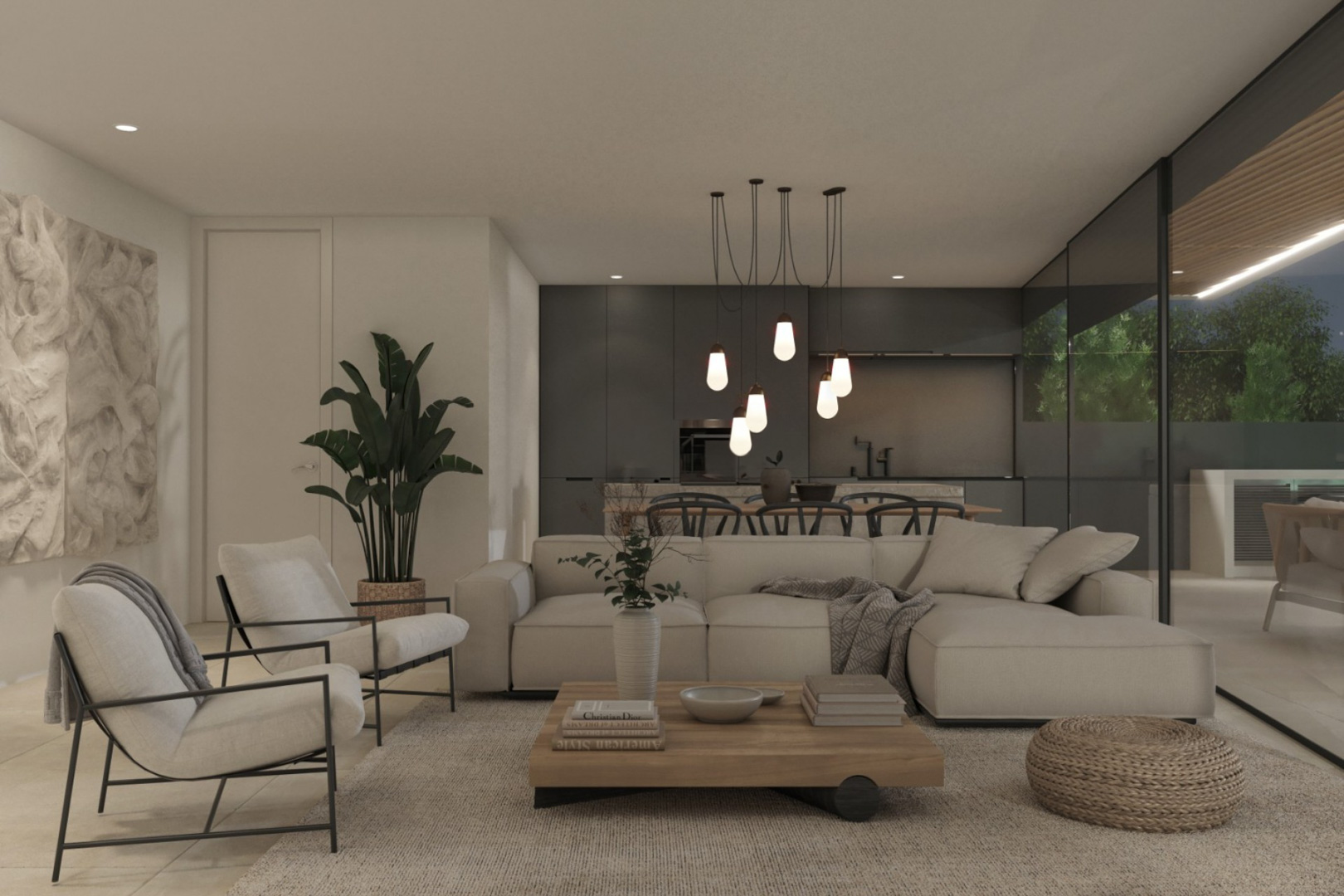 Salon à aire ouverte avec mobilier aux tons neutres, éclairage design et cuisine intégrée aux armoires sombres. De grandes baies vitrées relient l'intérieur à la terrasse.