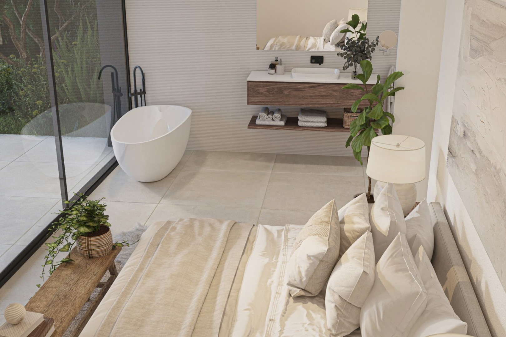Suite parentale à aire ouverte comprenant une baignoire îlot près d'une grande baie vitrée, un meuble vasque en bois et des finitions modernes épurées.