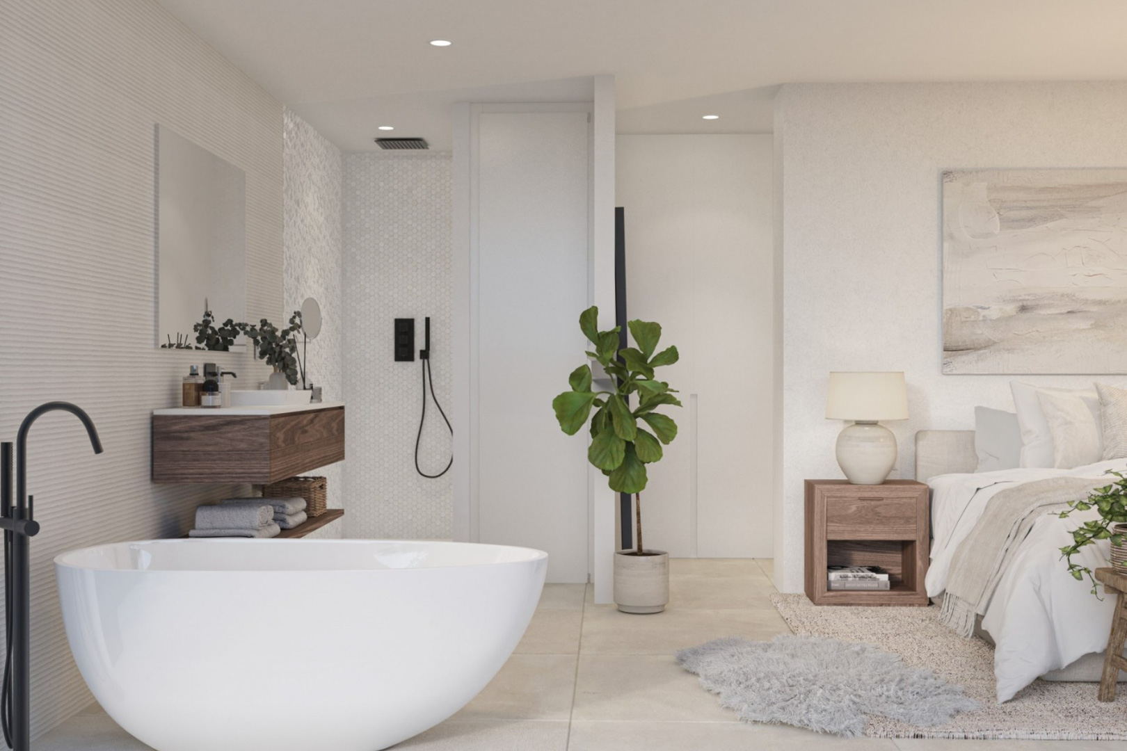 Suite parentale à aire ouverte comprenant une baignoire îlot, une robinetterie noire mate et un meuble vasque suspendu en bois sous un éclairage encastré.