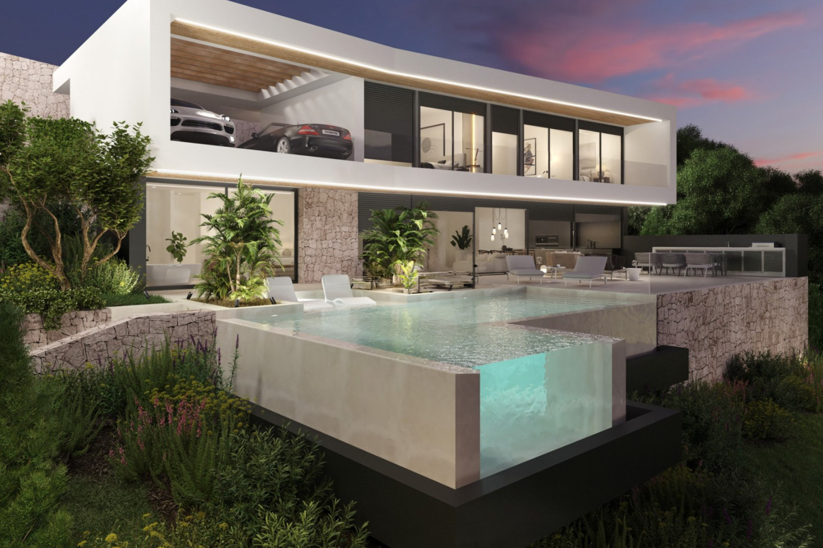 Villa moderne sur deux niveaux avec piscine à débordement à paroi vitrée, murs en pierre naturelle et éclairage LED intégré au crépuscule.