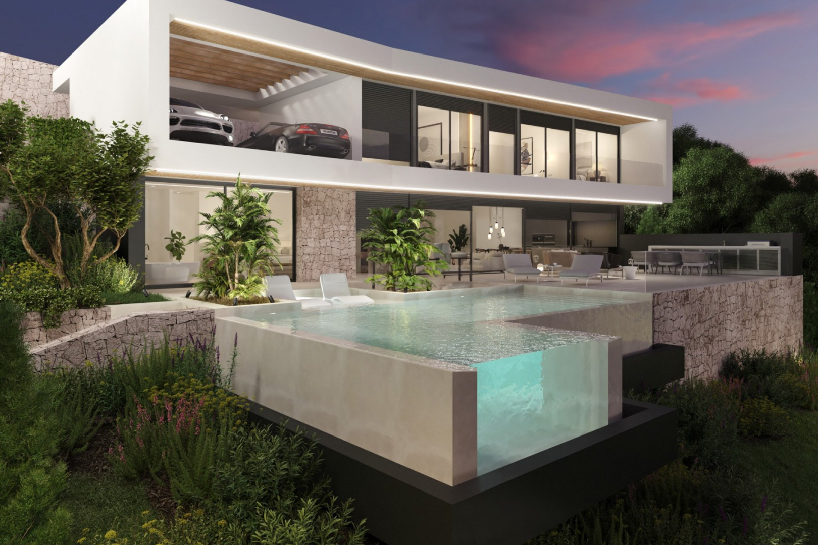 Villa moderne sur deux niveaux avec piscine à débordement et paroi vitrée, murs en pierre naturelle et éclairage LED intégré. Comprend un abri voiture surélevé.