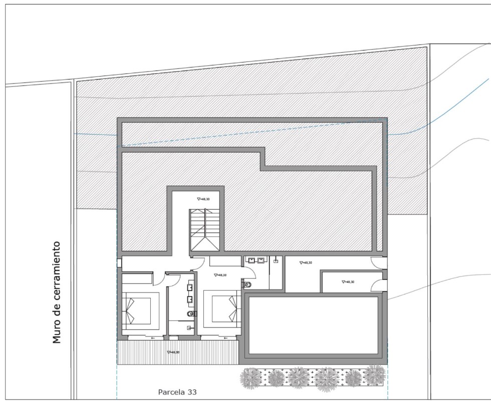 Plan technique détaillé montrant la distribution de deux chambres avec salles de bains attenantes, un escalier central et une vaste terrasse ombragée sur la parcelle 33.