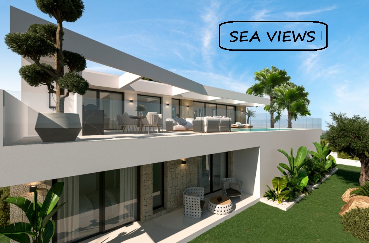 Villa moderne sur deux niveaux avec parements en pierre naturelle, terrasses à garde-corps en verre, piscine à débordement et jardin méditerranéen.