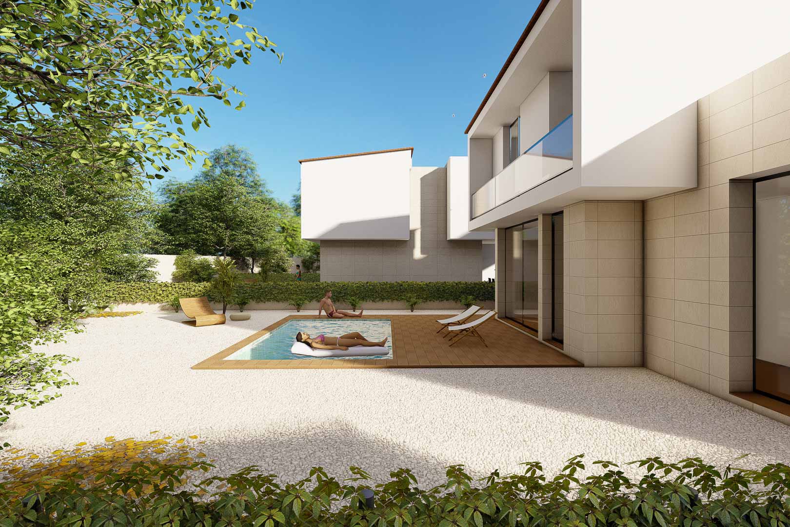 Extérieur de villa moderne avec piscine privée, terrasse en bois et jardin en gravier blanc, soulignant une architecture contemporaine aux lignes épurées.