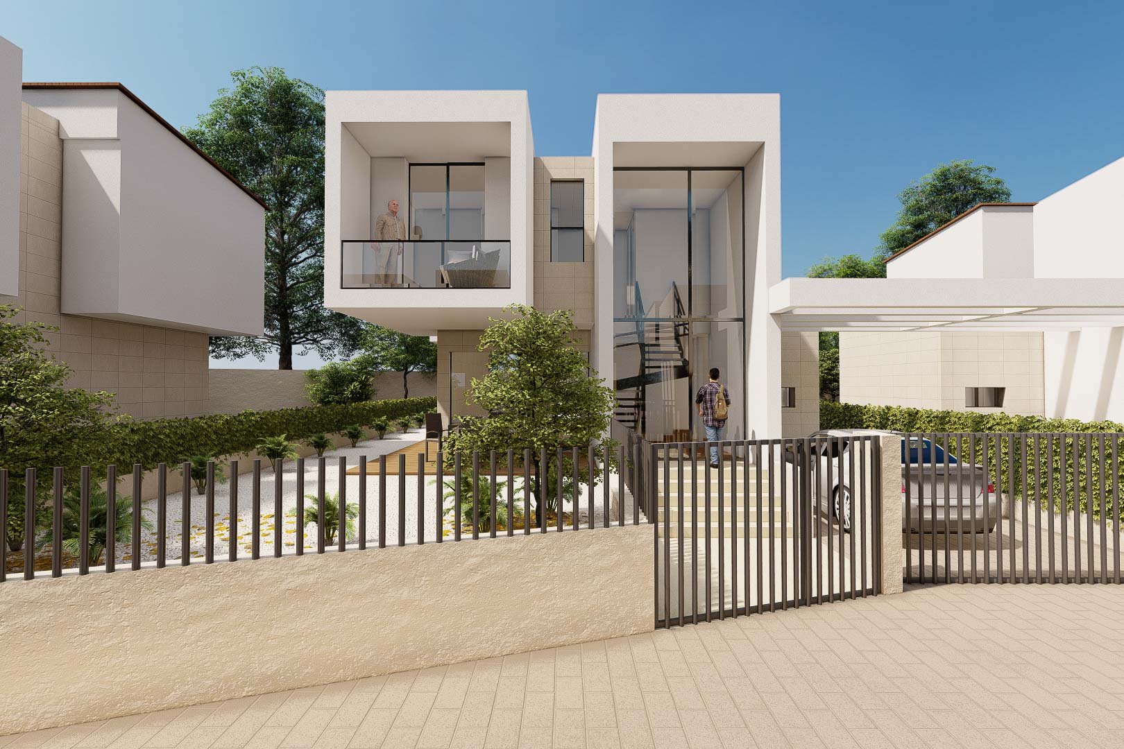 Façade cubique moderne avec une entrée vitrée monumentale, un balcon en porte-à-faux et un parking privé intégré dans un jardin paysager.