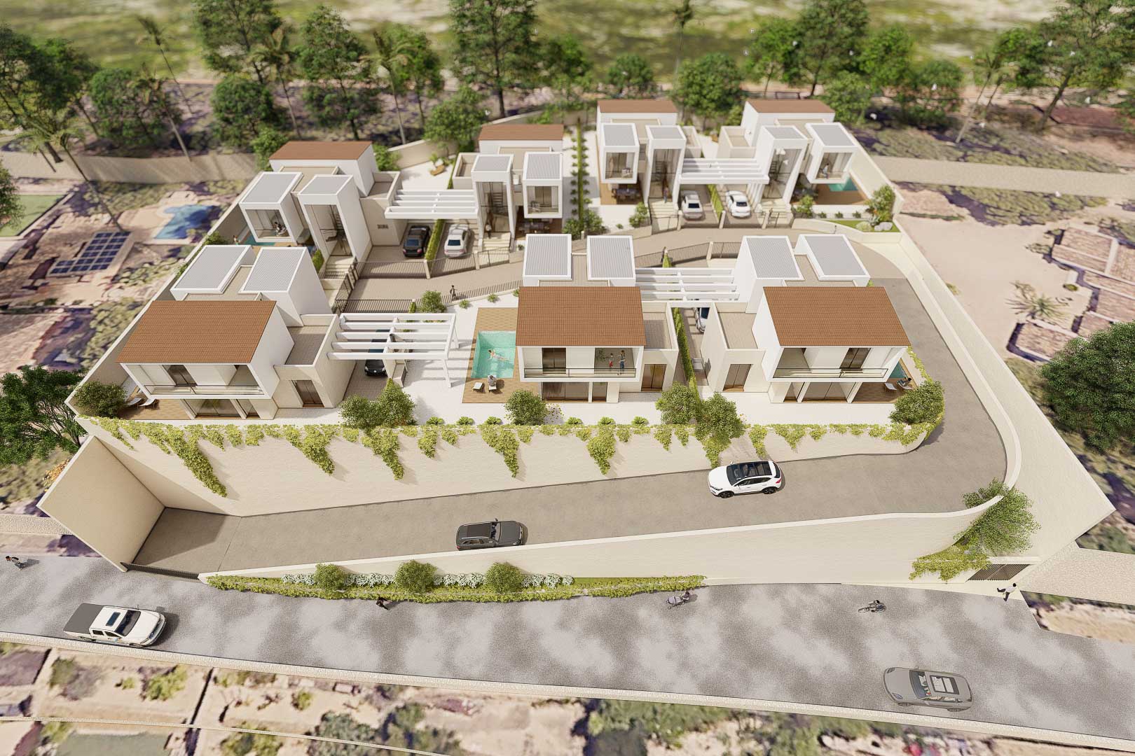 Vue aérienne du complexe résidentiel Vila Natura montrant sept villas indépendantes avec piscines privées, parkings couverts et jardins paysagers à La Nucía.