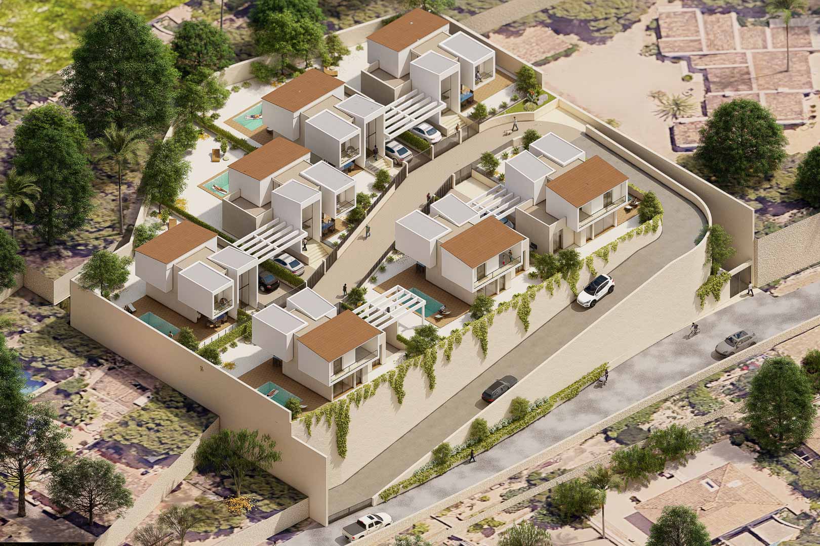 Vue aérienne du complexe Vila Natura montrant sept villas contemporaines avec piscines privées, jardins paysagers et parkings sous pergolas dans un cadre sécurisé.