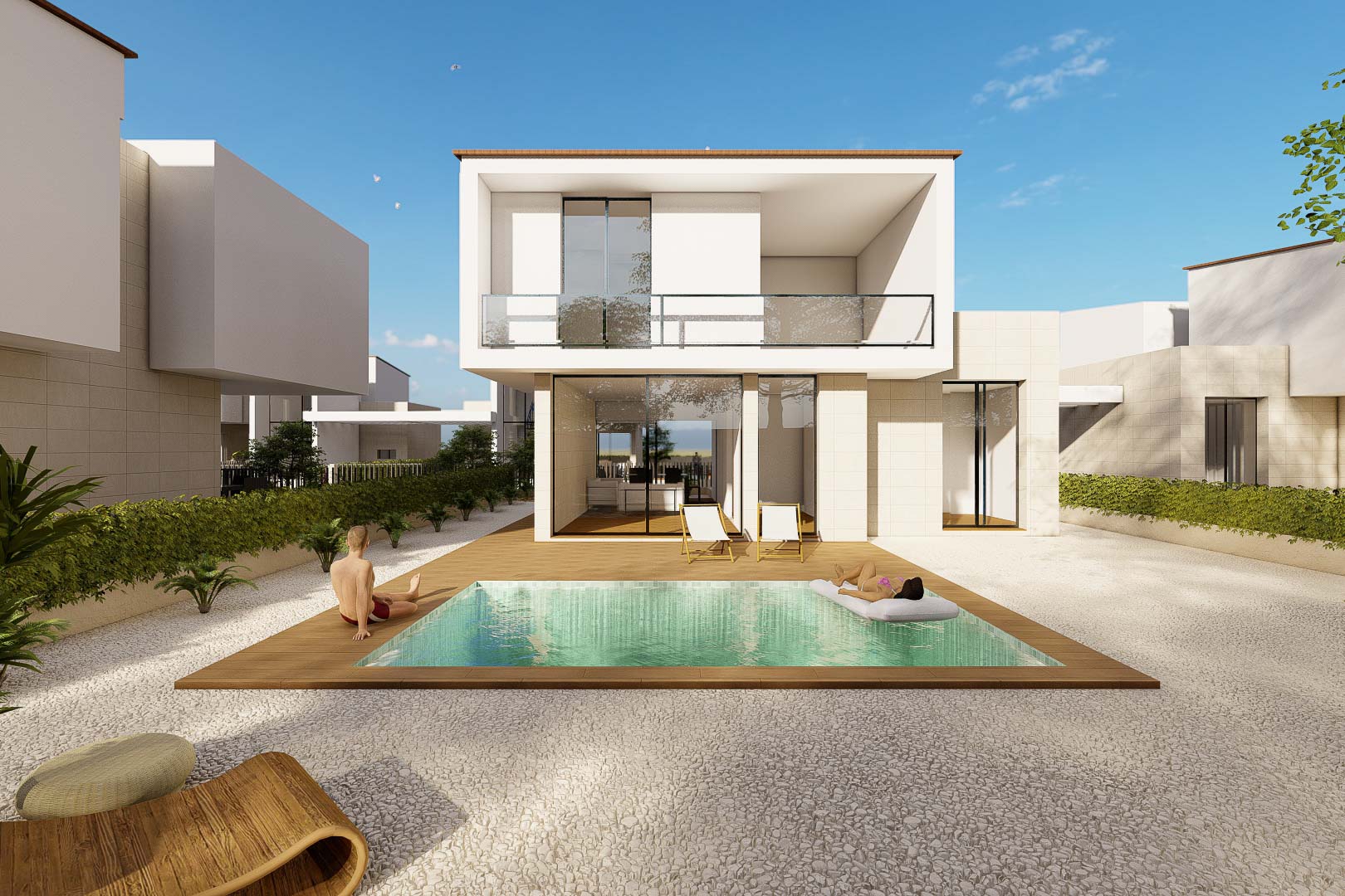 Vue extérieure de la villa avec piscine privée sur terrasse en bois, jardin en gravier blanc et façade minimaliste à deux niveaux avec de larges baies vitrées.