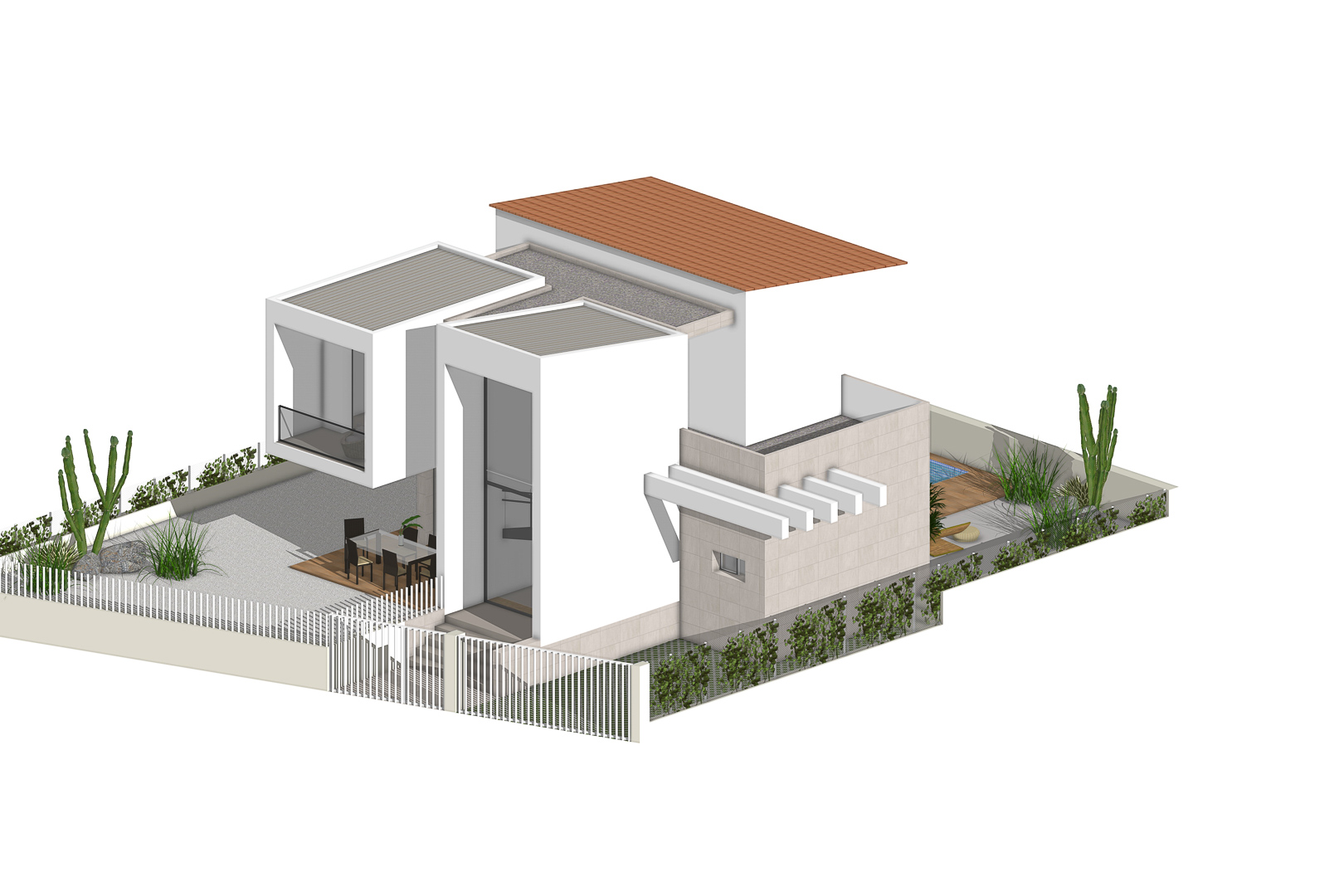 Vue isométrique de la villa moderne avec façade blanche, jardin méditerranéen, espace repas extérieur et piscine privée sur un terrain indépendant.