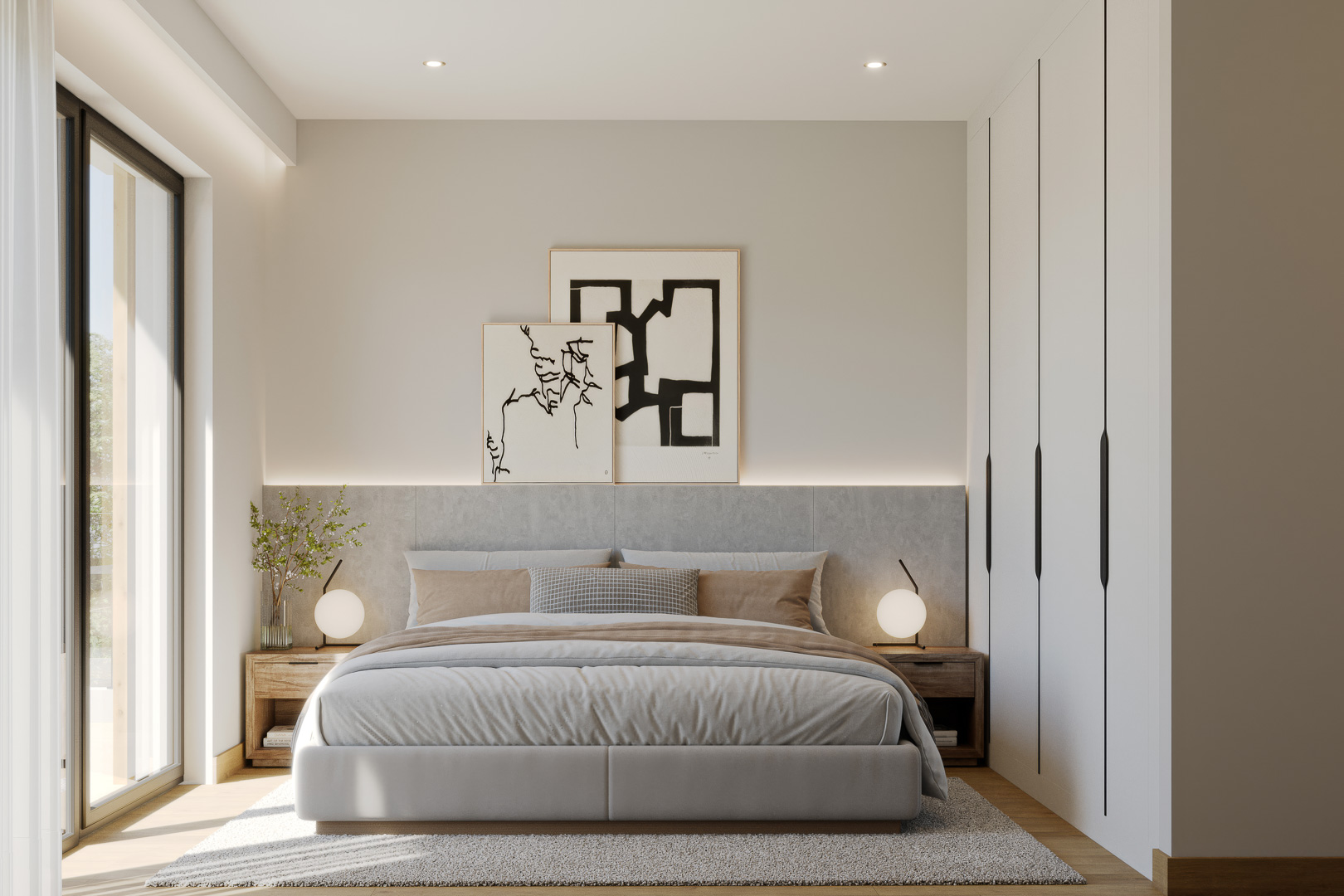 Chambre avec placards intégrés, tête de lit rembourrée avec rétroéclairage LED et grande baie vitrée laissant entrer une lumière naturelle abondante.