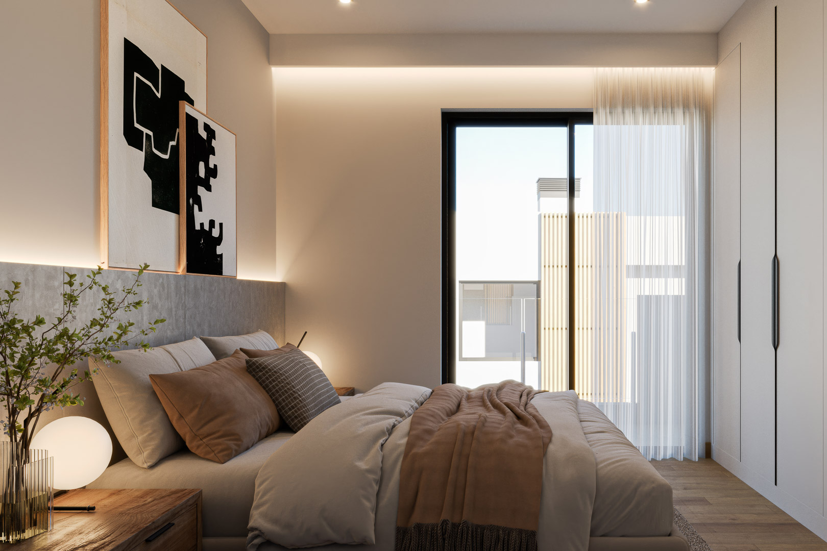Chambre moderne avec placards intégrés minimalistes, éclairage LED indirect et grandes baies vitrées. Le parquet en bois et les tons neutres créent un espace raffiné.