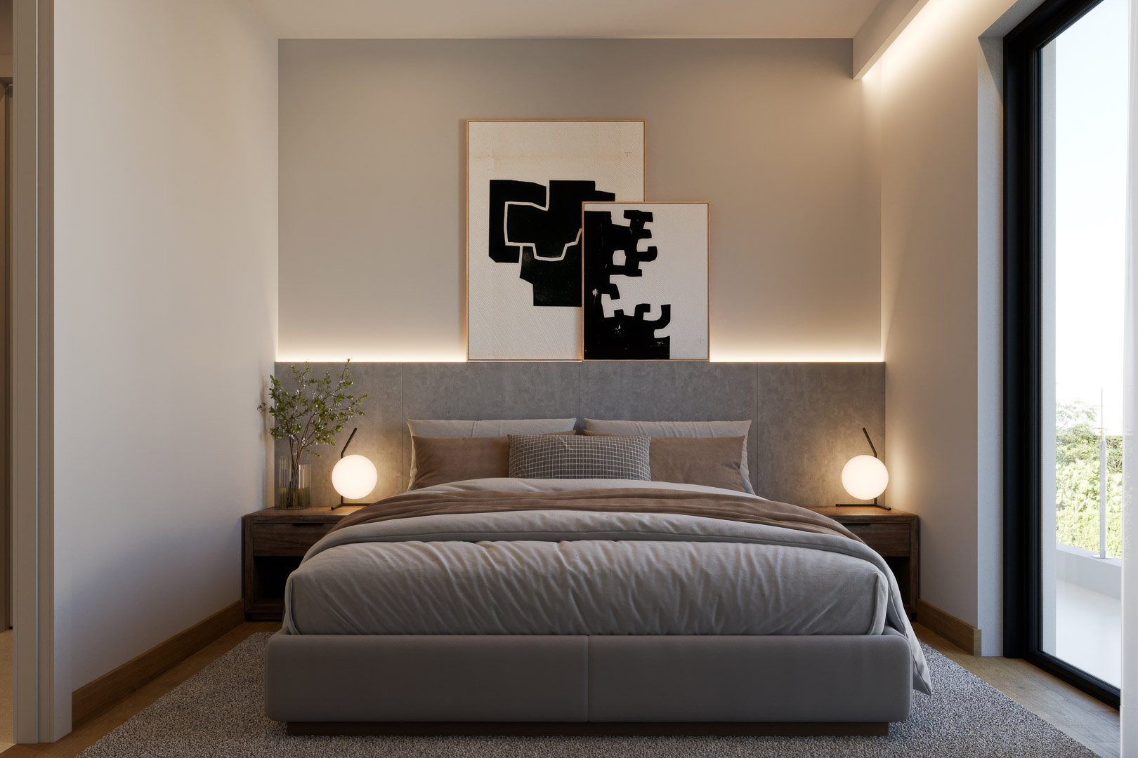 Chambre moderne avec tête de lit rembourrée, éclairage LED indirect, tables de chevet en bois et accès direct à la terrasse par de larges baies vitrées.