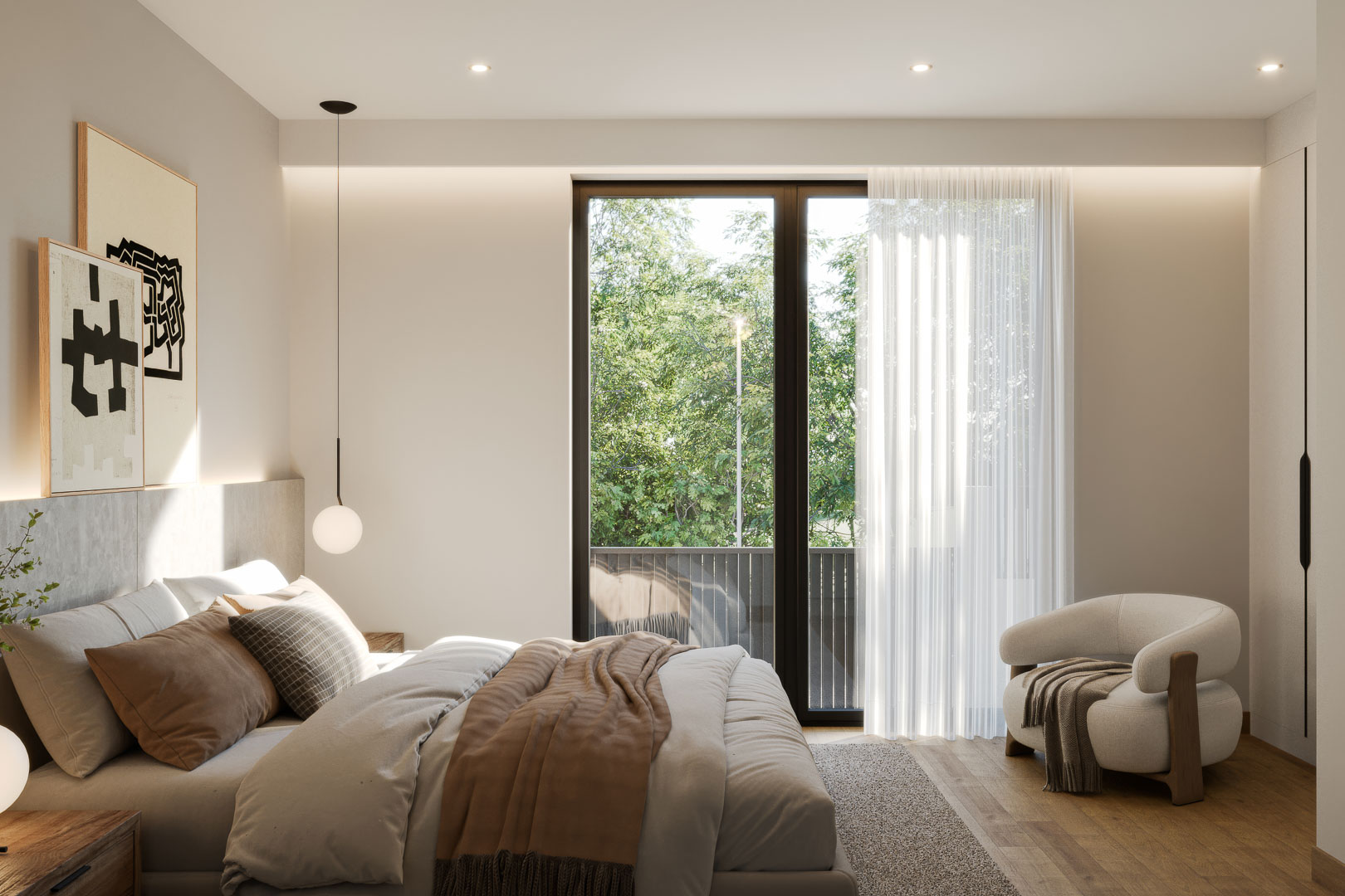 Chambre principale avec baies vitrées, parquet et accès au balcon. Elle dispose d'un éclairage encastré, de suspensions design et de rangements intégrés.