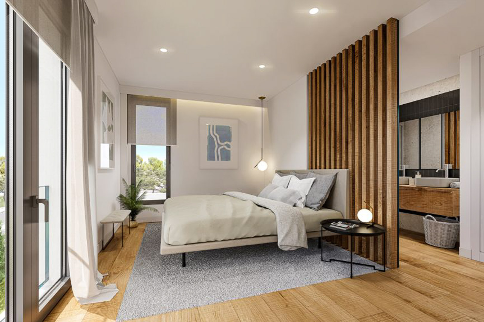Chambre principale avec parquet en bois, une cloison en lattes de chêne séparant la salle de bain attenante et de grandes baies vitrées offrant une lumière naturelle.