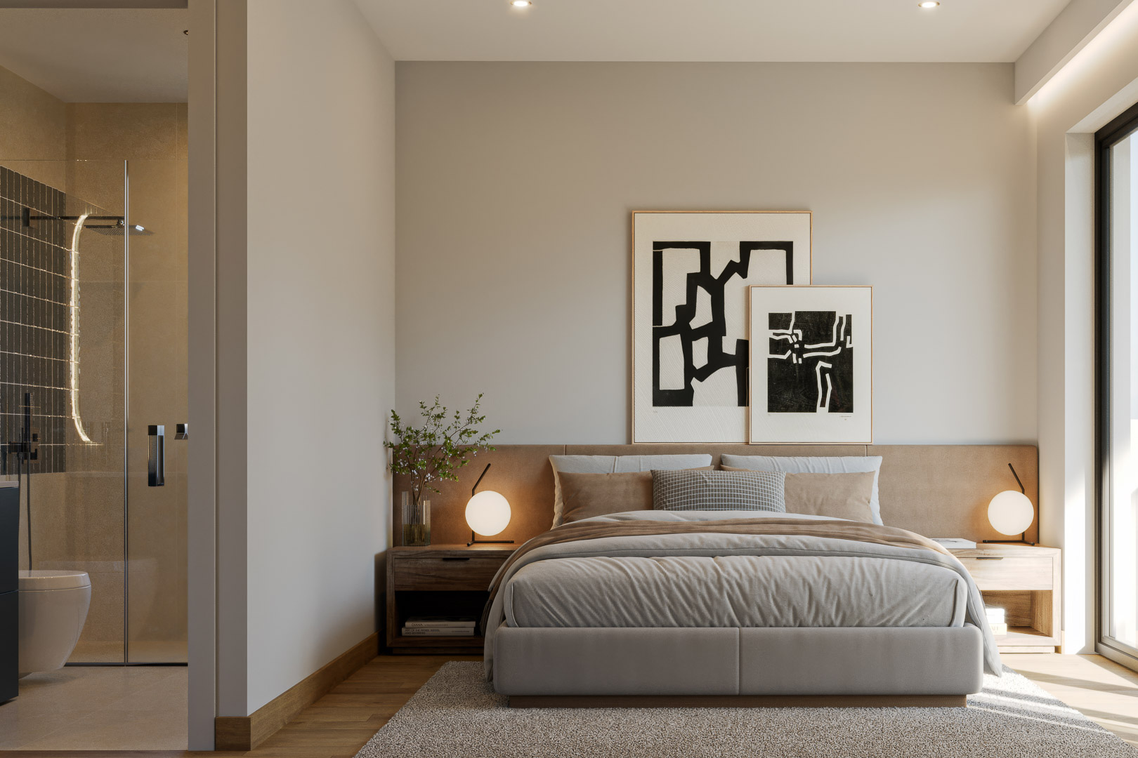 Chambre principale avec salle de bain attenante, parquet et tête de lit rembourrée. L'espace ouvert révèle une douche à l'italienne et des finitions modernes et sobres.