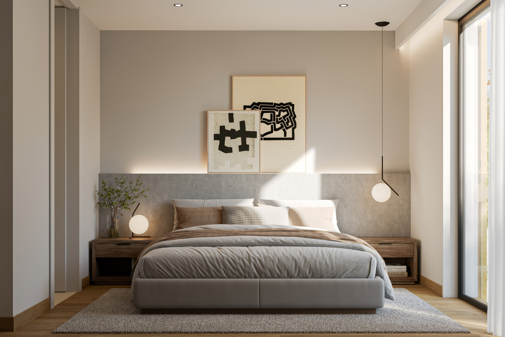 Chambre principale avec tête de lit en panneaux effet pierre, éclairage LED indirect et grandes baies vitrées. Comprend des tables de chevet en bois et un sol en parquet chaleureux.